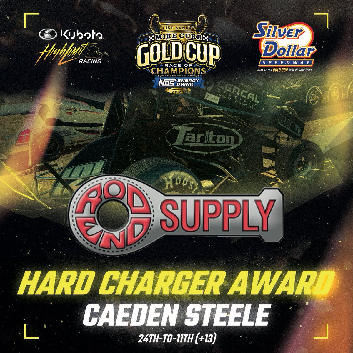 HighLimitRacing's tweet image. .@CaedenSteele121 claimed the @Rod_End_Supply Hard Charger Award with a 24th-to-11th run at #𝗚𝗼𝗹𝗱𝗖𝘂𝗽𝟳𝟭 tonight.