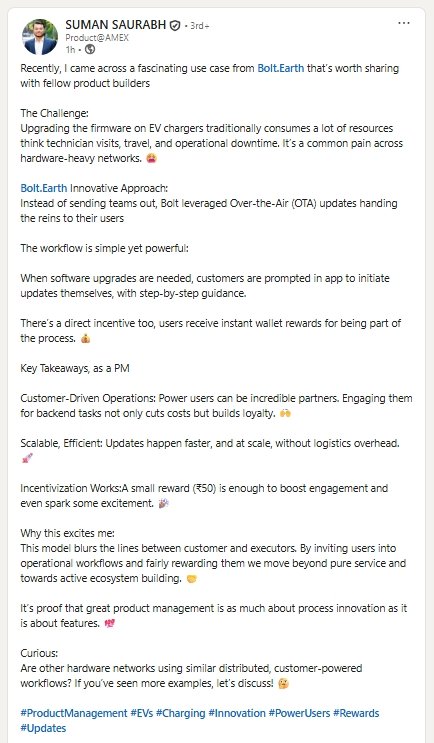 bolt_earth's tweet photo. Spotted a take on our OTA firmware updates! 🙌🏻

At @bolt_earth, users aren’t just customers: they’re co-builders.

Scalable, efficient and user-led.
That’s product thinking in action. 😎

#BoltEarth #EVCharging #ProductInnovation #UserLed #CommunityDriven https://t.co/COXVHPlgxr