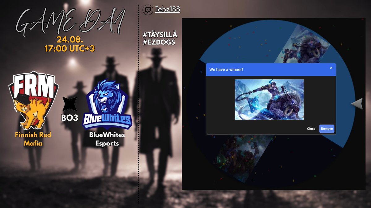 PLAYOFFIT ON JO LUKOTETTU KIITOS ERG MUTTA MIRRIT JANOAA VERTA YHÄ KISSAT &gt; LEIJONAT 
ps. onnittelut <a href="/joonaslol/">yones</a> nöyrä championruletti näytti sejuania tänää❣️
Mafia😼💅 vs <a href="/BlueWhites/">BlueWhites</a> 
⏳: 17:00
👉: twitch.tv/tebz188
#TÄYSILLÄ #EZDOGS