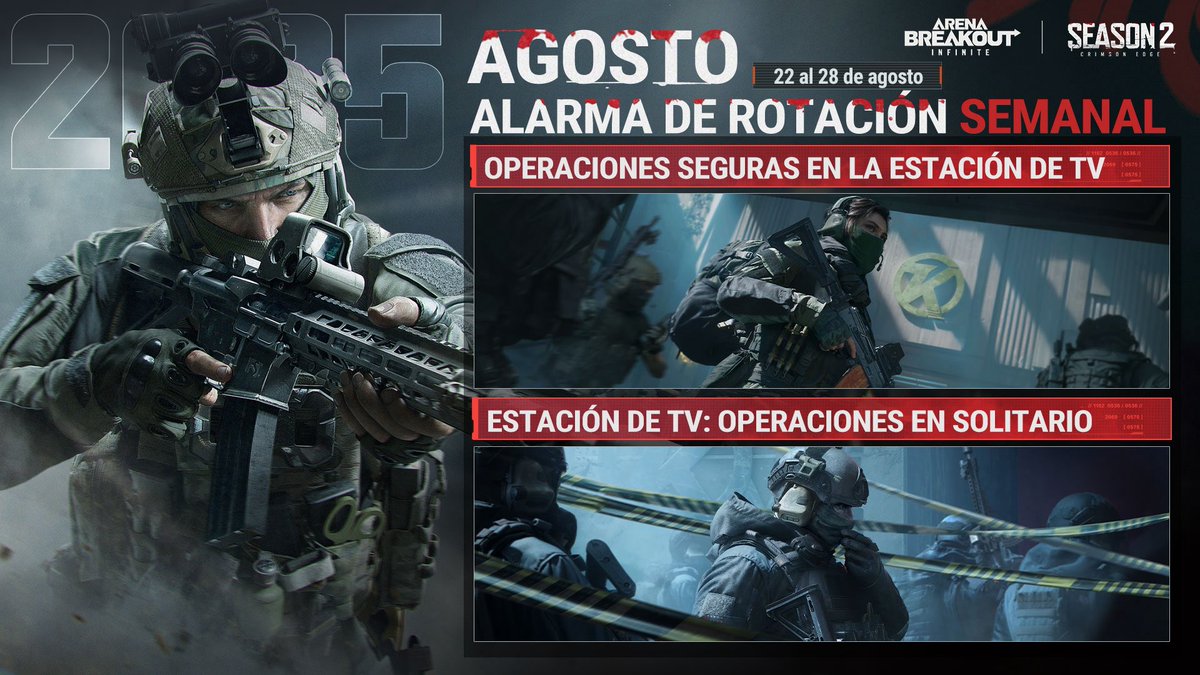 ¡Alerta de rotación semanal!  
Operaciones seguras en la estación de tv.
Operaciones en solitario llega a la estación de tv.

¡Prepárate para la acción!
#ArenaBreakoutInfinite #ArenaBreakoutPC #ABISeason2