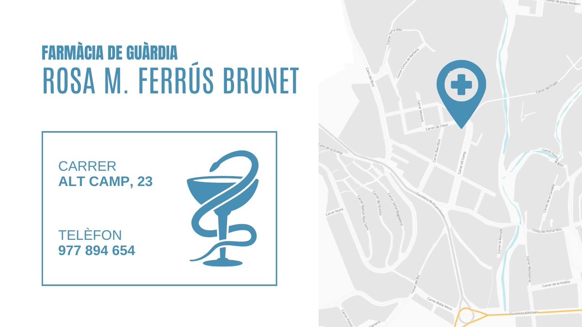 Bon dia, avui a #Valls la farmàcia de guàrdia és Rosa Mª. Ferrús Brunet, al carrer Alt Camp, 23.
#FarmàciaGuardiaValls