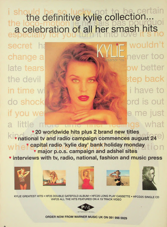 33 yrs since #KylieMinogue released her first #GreatestHits LP, back #onthisdayinpop in 1992. 4 UK no.1s, 6 no.2s, 5 more top tens &amp; even more bops galore naturally powered this glittering overview of her <a href="/PWLHitFactory/">PWL The Hit Factory</a> career to a 3rd no.1 album! 
onthisdayinpop.com/2017/08/kylie-…