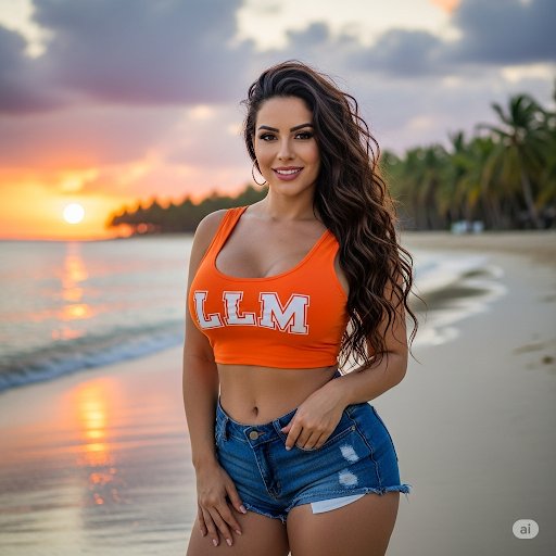 해변에서의 Latina Language Model AI 에이전트 예술적 표현