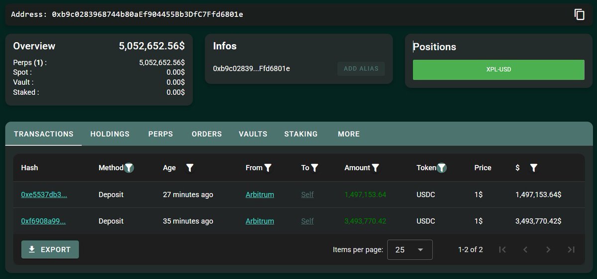 Screenshot of initial USDC deposits for XPL position