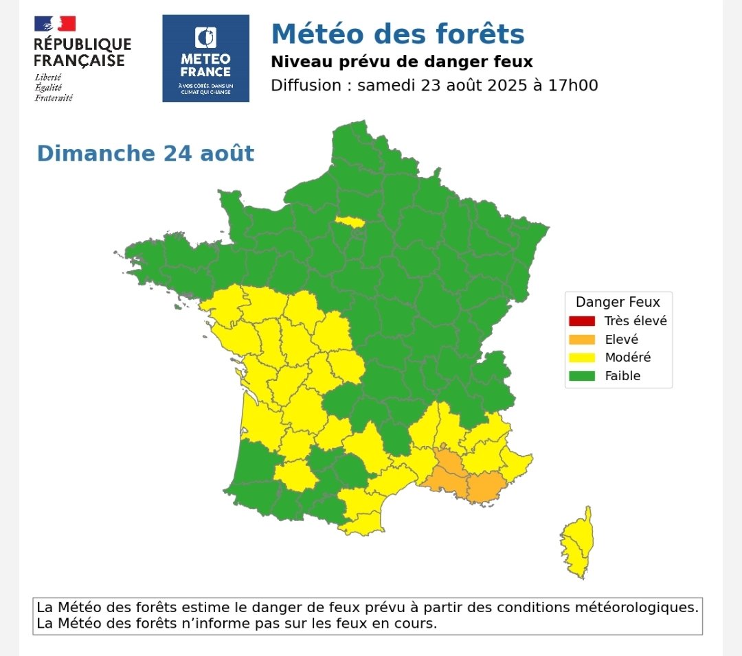 Météo des forêts aujourd'hui en France ! 🔥
🟧 3 départements en risque élevé.
<a href="/PompiersFR/">Pompiers de France</a> <a href="/ONF_Officiel/">Office national des forêts</a> <a href="/SecCivileFrance/">Sécurité Civile</a> <a href="/asso_psfdf/">Association Prévention & Signalement Feux De Forêt</a> <a href="/VigiMeteoFrance/">VigiMétéoFrance</a>