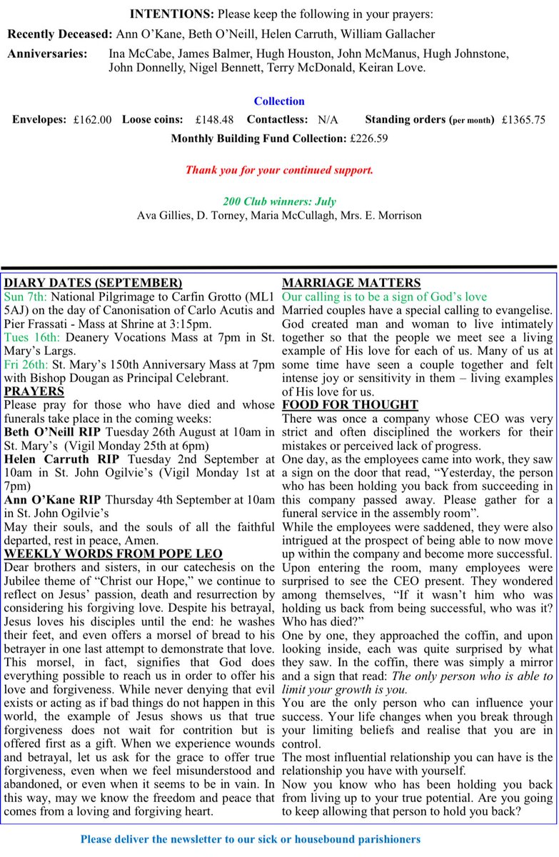 Our weekend bulletins for the 21st Sunday in Ordinary Time. Happy Marymass to all celebrating 🎉 Everyone welcome to our Thanksgiving Service tonight (Sunday 24th) at 6pm in St Mary’s marking the end of the festival.