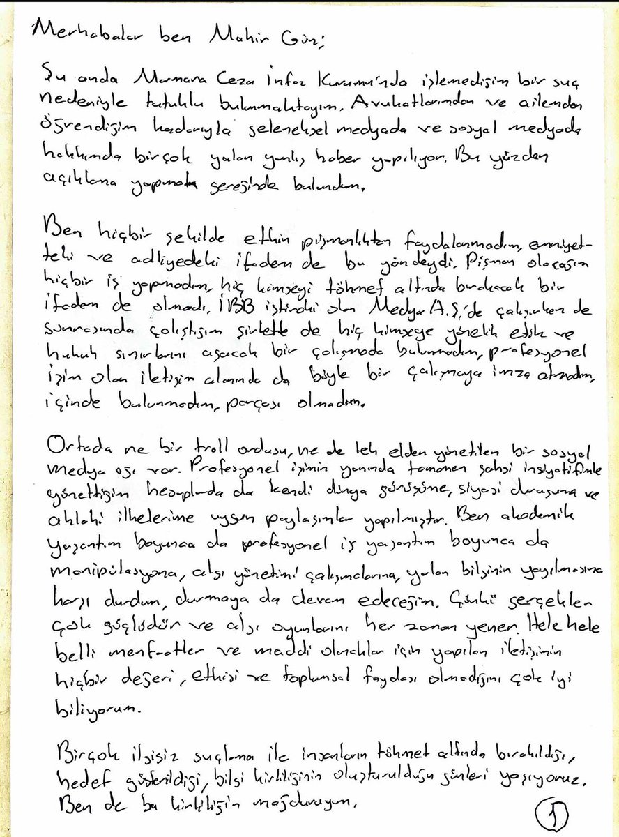av_serin's tweet image. Müvekkilim Mahir Gün’ün, hakkında çıkan asılsız haber ve iddialara dair açıklamasıdır:

‘Merhabalar ben Mahir Gün;

Şu anda Marmara Ceza İnfaz Kurumu’nda işlemediğim bir suç nedeniyle tutuklu bulunmaktayım. Avukatlarımdan ve ailemden öğrendiğim kadarıyla geleneksel medyada ve…