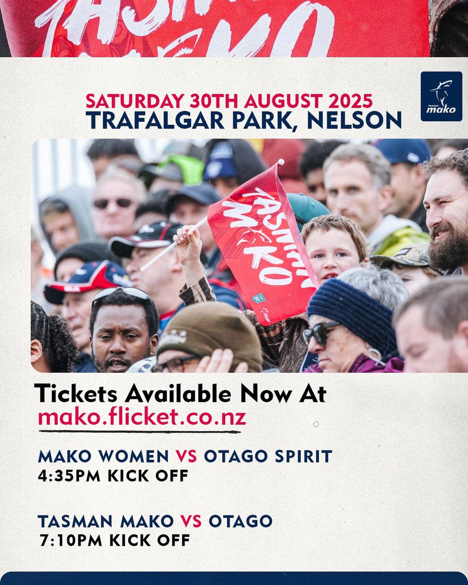 Back home this coming Saturday for another double header! 

Visit mako.flicket.co.nz to get your tickets 🎟️ 
Or visit the link in our bio 🔗 

#TASvOTA #FPC #NPC 
<a href="/BunningsNPC/">Bunnings NPC</a> #FinzUp 🦈