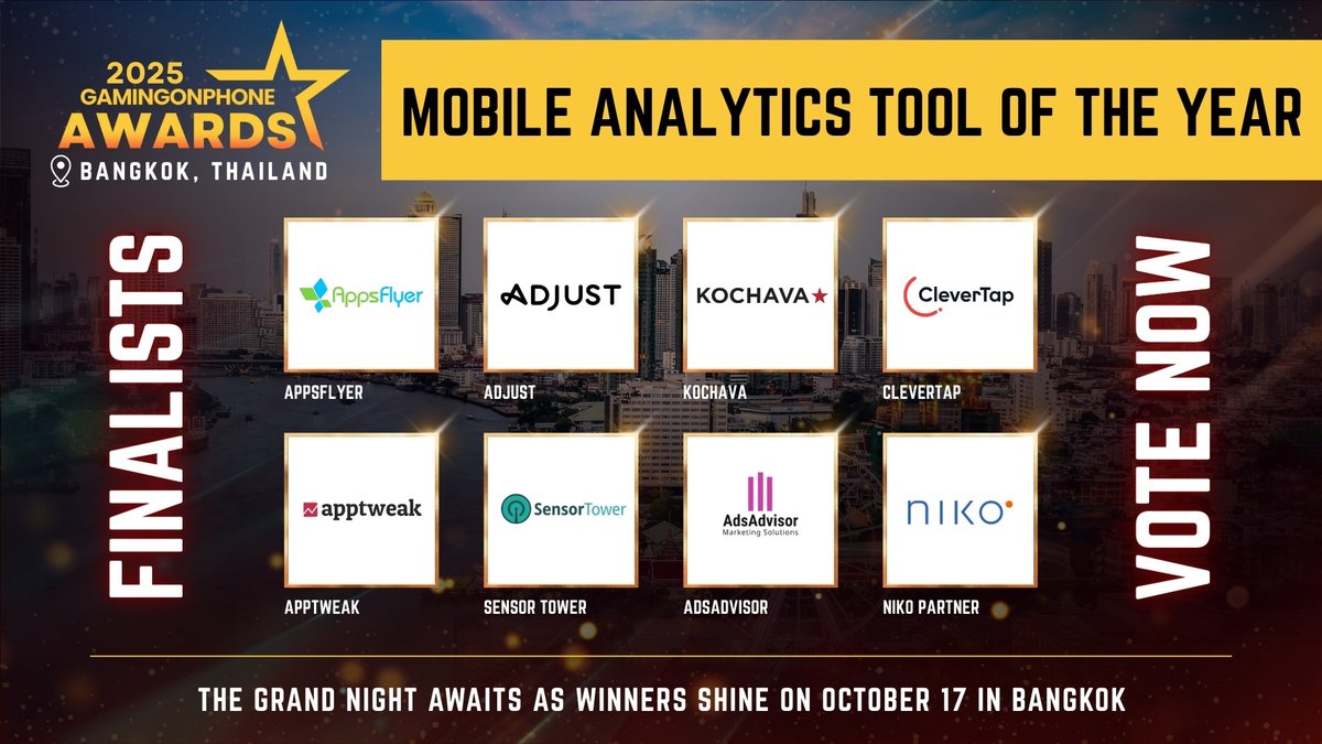 GamingonPhone (@gamingonphone) on Twitter photo Presenting the finalists for the GamingonPhone Awards 2025 (24/30) π
π Mobile Analytics Tool Of The Year
ποΈ <a href="/AppsFlyer/">AppsFlyer</a>
ποΈ <a href="/adjustcom/">Adjust</a>
ποΈ <a href="/kochavaofficial/">Kochava Official</a>
ποΈ <a href="/CleverTap/">CleverTap</a>
ποΈ <a href="/AppTweak/">AppTweak</a>
ποΈ <a href="/SensorTower/">Sensor Tower (formerly data.ai)</a>
ποΈ AdsAdvisor
ποΈ <a href="/nikopartnersinc/">Niko Partners π NGSC 2025 | Tokyo Game Show</a>
Voting is open until September 21. Presenting the finalists for the GamingonPhone Awards 2025 (24/30) π
π Mobile Analytics Tool Of The Year
ποΈ <a href="/AppsFlyer/">AppsFlyer</a>
ποΈ <a href="/adjustcom/">Adjust</a>
ποΈ <a href="/kochavaofficial/">Kochava Official</a>
ποΈ <a href="/CleverTap/">CleverTap</a>
ποΈ <a href="/AppTweak/">AppTweak</a>
ποΈ <a href="/SensorTower/">Sensor Tower (formerly data.ai)</a>
ποΈ AdsAdvisor
ποΈ <a href="/nikopartnersinc/">Niko Partners π NGSC 2025 | Tokyo Game Show</a>
Voting is open until September 21.