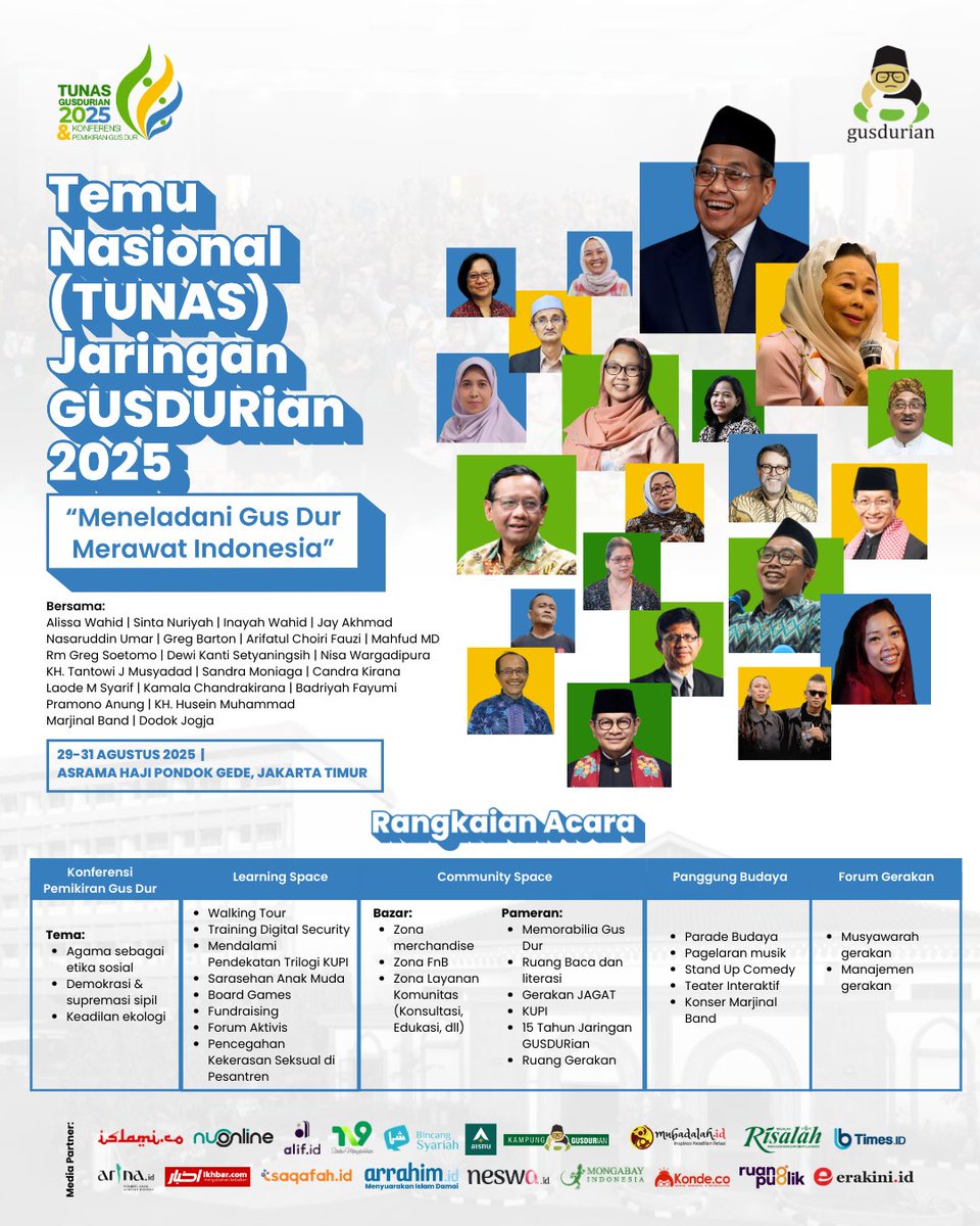 RANGKAIAN ACARA LENGKAP TUNAS GUSDURIAN 2025 

Digelar 29-31 Agustus 2025, Tunas GUSDURian akan menghadirkan berbagai forum mulai dari Konferensi Pemikiran Gus Dur, learning space, community space yang berisi bazar dan pameran, panggung budaya, forum gerakan. 

Selain itu,