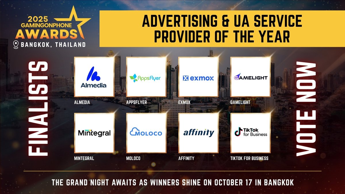 Presenting the finalists for the GamingonPhone Awards 2025 (23/30) 🎉

🏆 Advertising &amp; UA Service Provider Of The Year

🎖️ <a href="/Almedia_Company/">Almedia</a> 
🎖️ <a href="/AppsFlyer/">AppsFlyer</a> 
🎖️ Exmox
🎖️ Gamelight
🎖️ <a href="/MintegralInc/">Mintegral</a> 
🎖️ <a href="/MolocoHQ/">Moloco</a> 
🎖️ <a href="/Affinity/">Affinity</a> 
🎖️ <a href="/tiktok_us/">TikTok US</a> for Business

Voting is open until
