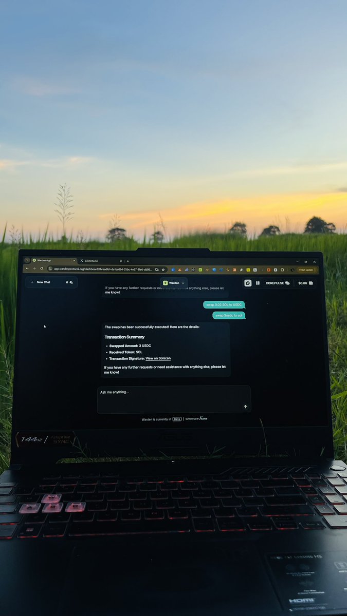 ZubairEcho's tweet photo. Who carries a laptop 15km every day for 4 days straight?

Me…just to make ONE swap 🤣

Day 1:Too dark🌑
Day 2:Still dark🌒
Day 3:Darkness won again🌘
Day 4:Finally,the perfect sunset swap🌅

@wardenprotocol makes swapping possible literally anywhere, anytime.

#WardenEverywhere https://t.co/MEw6O09pq8
