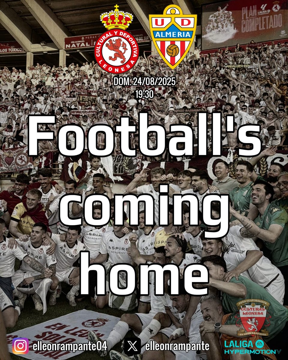 El León Rampante (@elleonrampante) on Twitter photo CARTEL ll El Reino vuelve a vestirse de Fútbol profesional, estamos de vuelta... "𝖥𝗈𝗈𝗍𝖻𝖺𝗅𝗅'𝗌 𝖼𝗈𝗆𝗂𝗇𝗀 𝗁𝗈𝗆𝖾"
📍Reino de León
🕢 19:30
🆚️ <a href="/U_D_Almeria/">UD Almería</a> CARTEL ll El Reino vuelve a vestirse de Fútbol profesional, estamos de vuelta... "𝖥𝗈𝗈𝗍𝖻𝖺𝗅𝗅'𝗌 𝖼𝗈𝗆𝗂𝗇𝗀 𝗁𝗈𝗆𝖾"
📍Reino de León
🕢 19:30
🆚️ <a href="/U_D_Almeria/">UD Almería</a>