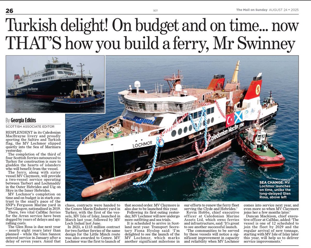 Turkey delivers MV Lochmor on time and on budget.

The SNP? Still stuck with Glen Rosa — 8 years late and spiralling costs. 

Another reminder that when it comes to ferries, this SNP government couldn’t organise a rowing boat.