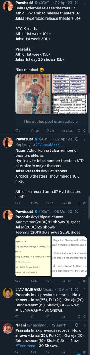 yourstrulyvinay's tweet image. #Jalsa Release day chart lo Prasad’s shows count - 17 kani twitter lo sainiks ruddhudu prgrm lo 25 shows ani ruddhi dobbaru 🫡