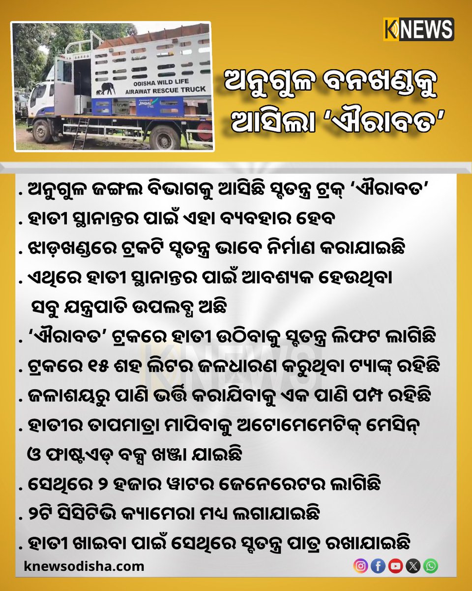 knews_odisha's tweet photo. ଅନୁଗୁଳ ଜଙ୍ଗଲ ବିଭାଗକୁ ଆସିଛି ସ୍ବତନ୍ତ୍ର ଟ୍ରକ୍ ‘ଐରାବତ’, ହାତୀ ସ୍ଥାନାନ୍ତର ପାଇଁ ଏହା ବ୍ୟବହାର ହେବ  
#angul 
#odisha 
#elephants 
#airavat https://t.co/tY1abFCJPD