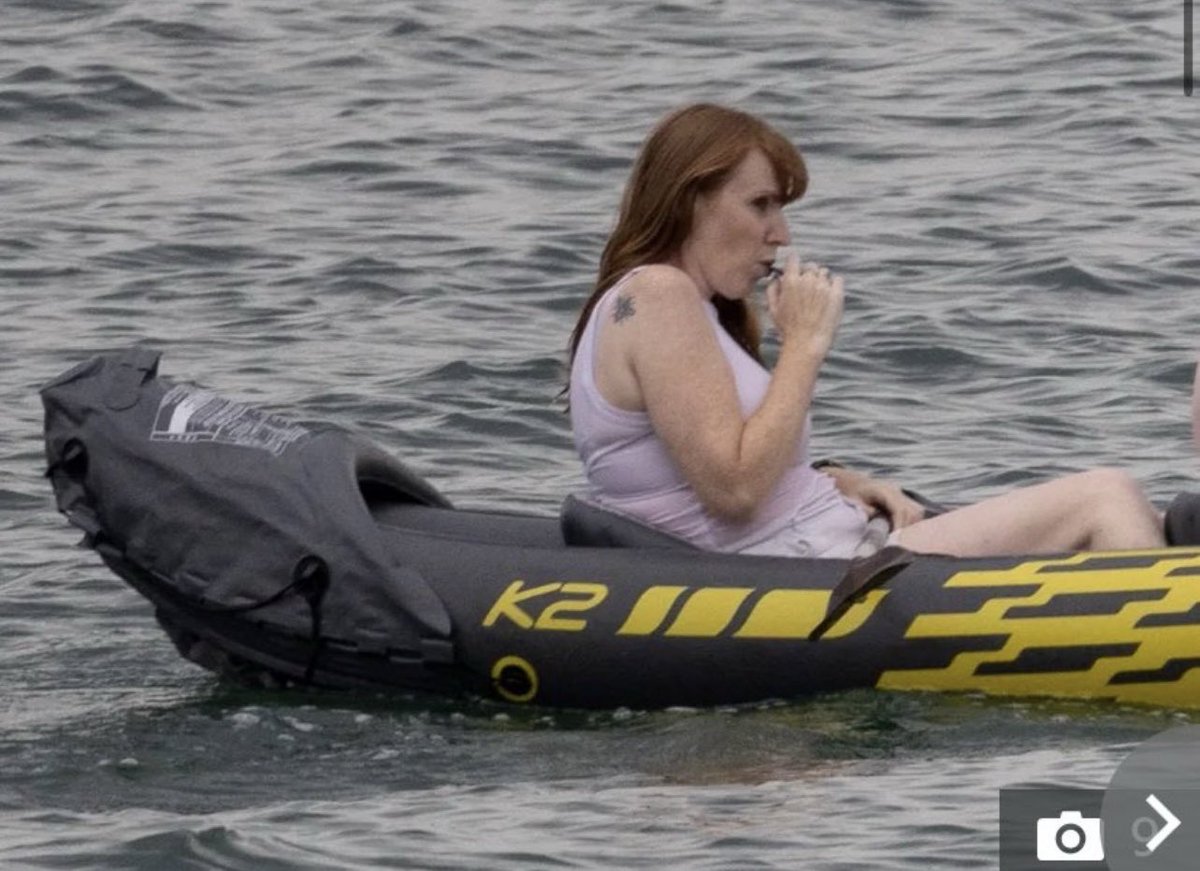 The irony of Angela in a small boat dinghy is not lost on me.