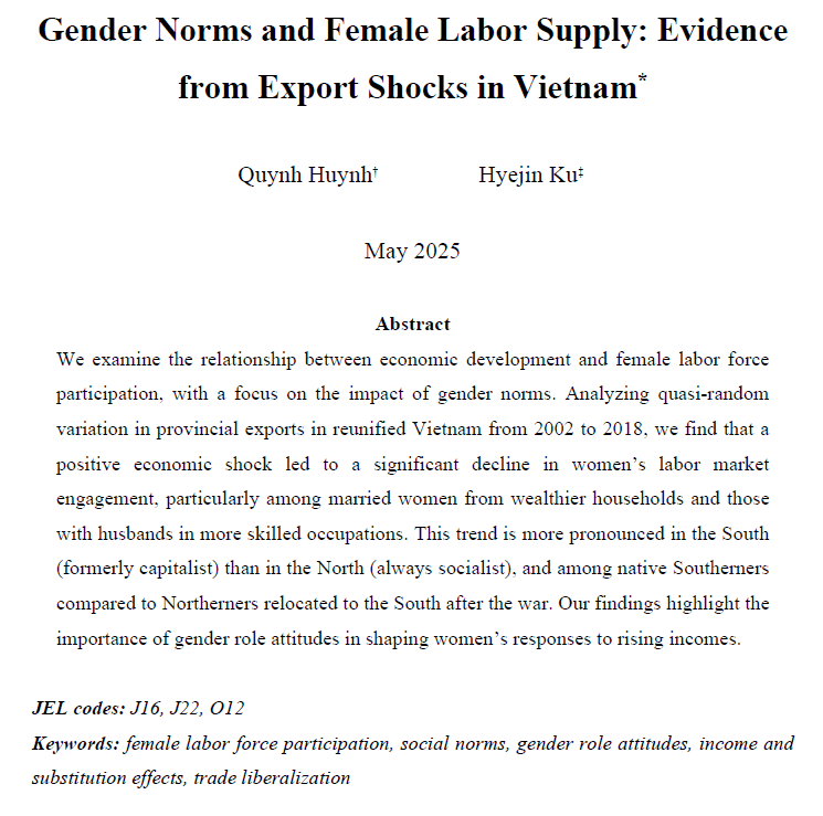 Brian McCaig (@brianmccaig) on Twitter photo Gender norms influenced how female labour supply in Vietnam responded to export shocks.
Join us on August 26, 11 am ET, for the next Vietnam online seminar by Dr. Quynh (Erin) Hunh (<a href="/erin_qh/">Erin Huynh</a>).
Register here mailchi.mp/b361b65134a7/j… Gender norms influenced how female labour supply in Vietnam responded to export shocks.
Join us on August 26, 11 am ET, for the next Vietnam online seminar by Dr. Quynh (Erin) Hunh (<a href="/erin_qh/">Erin Huynh</a>).
Register here mailchi.mp/b361b65134a7/j…