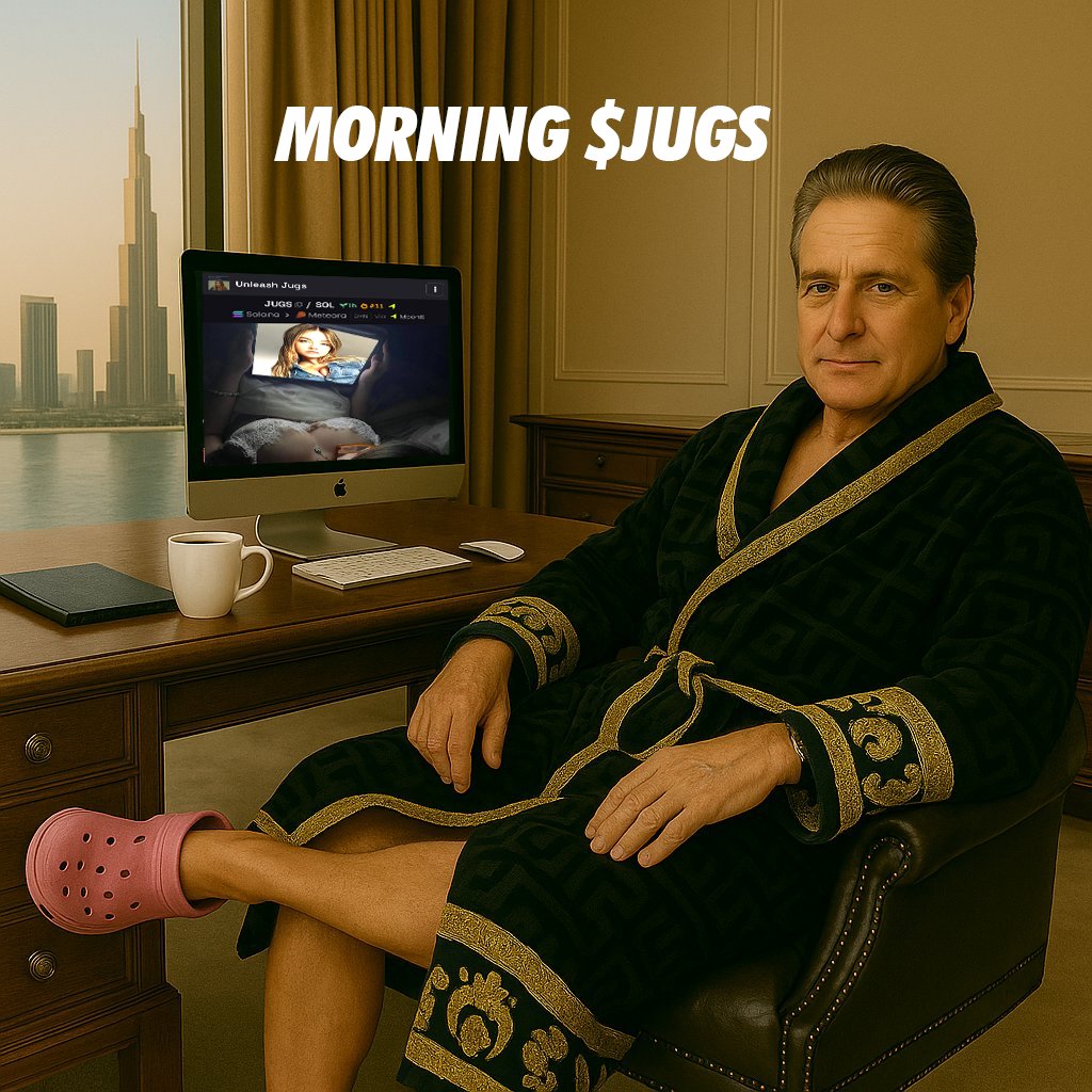 Meme image of a man enjoying morning $JUGS