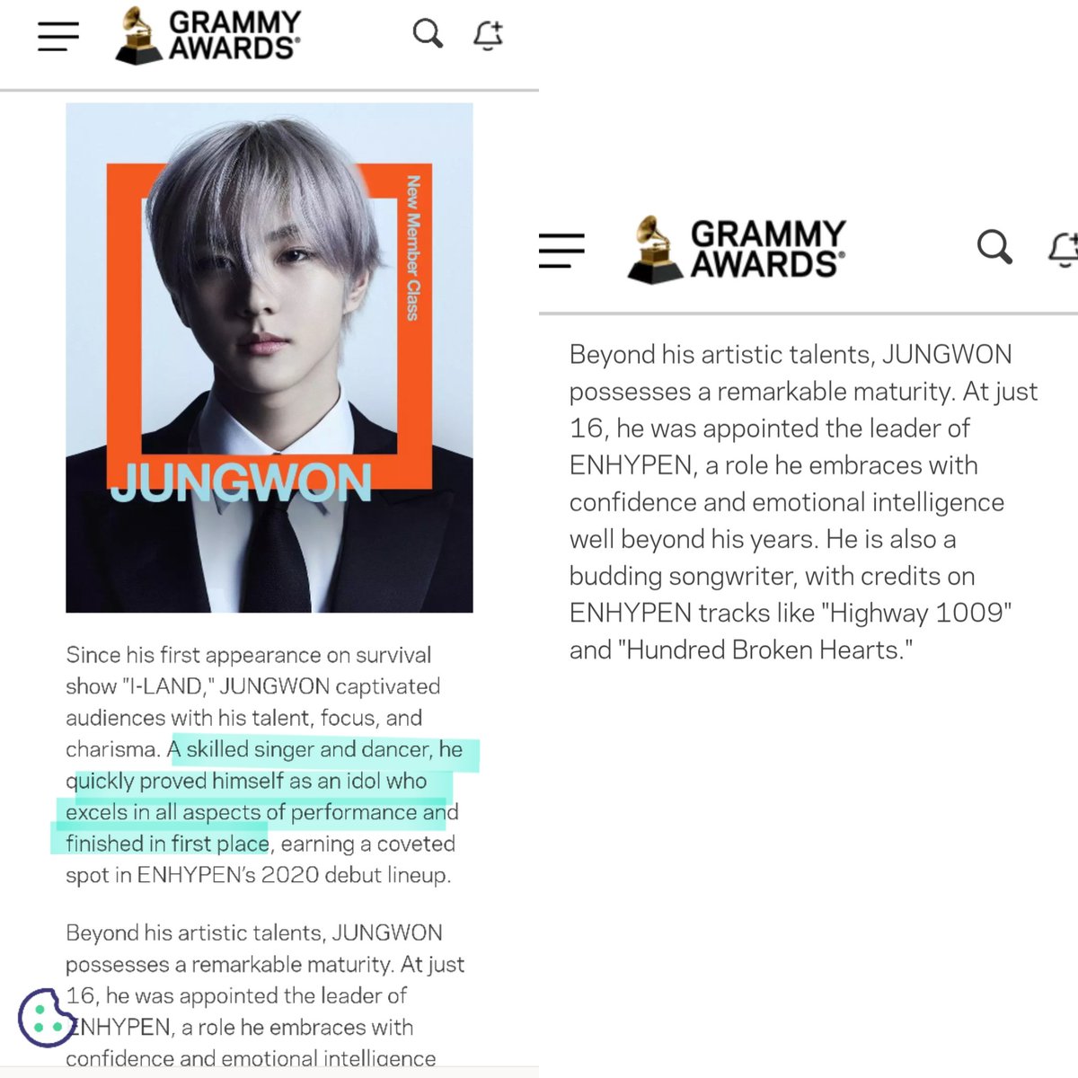 "A skilled singer and dancer, he
quickly proved himself as an idol who excels in all aspects of performance"
- GRAMMY AWARDS OFFICIAL WEBSITE

HEAR HEAR!  thats our KING JUNGWON 🔥

JUNGWON FOR THE GOLDEN RECORD
#JungwonGoesGlobal #IAmTheAcademy #JUNGWON #정원