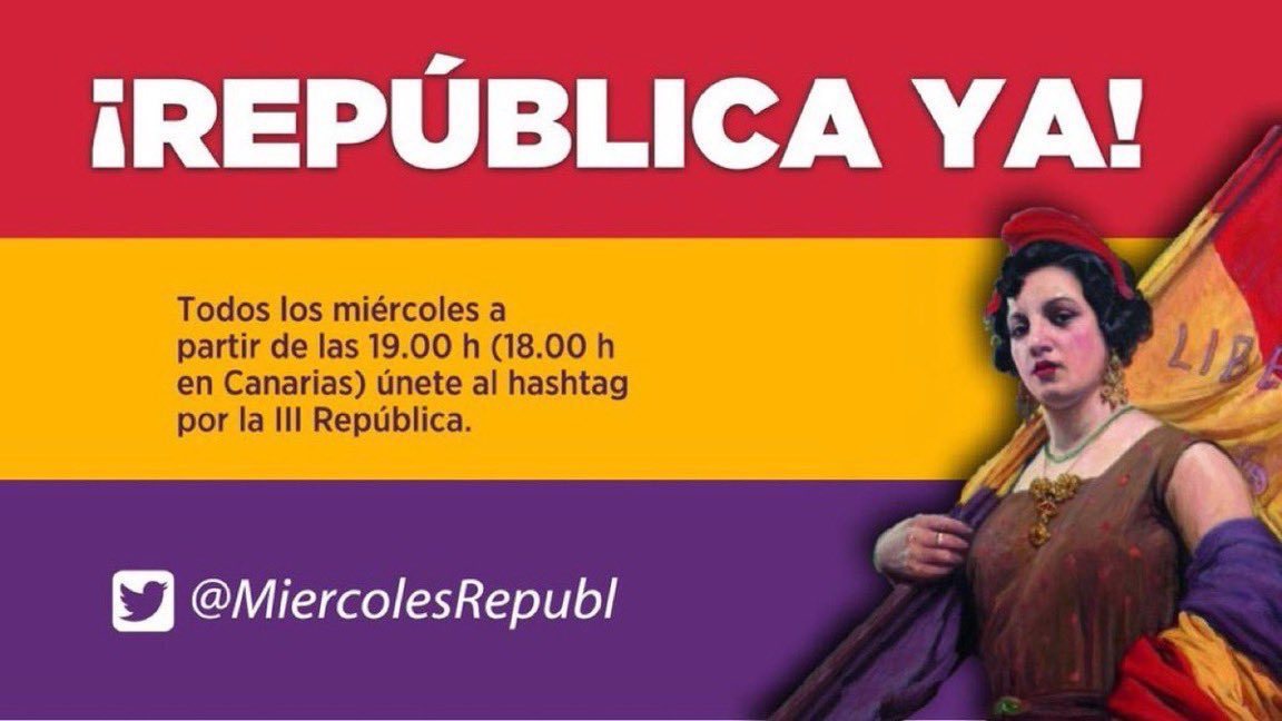 Miércoles Republicano - Comunidad de Madrid (@commadridmr) on Twitter photo El más terrible de los sentimientos es el sentimiento de tener la esperanza perdida.
Federico García Lorca
No perdamos la esperanza, tuitea los miércoles a partir de las 19:00 h (18:00 h en Canarias) el #️⃣ de <a href="/MiercolesRepubl/">Miércoles Republicano ❤️💛💜</a> en favor de la III República
#FelizDomingo❤️💛💜 El más terrible de los sentimientos es el sentimiento de tener la esperanza perdida.
Federico García Lorca
No perdamos la esperanza, tuitea los miércoles a partir de las 19:00 h (18:00 h en Canarias) el #️⃣ de <a href="/MiercolesRepubl/">Miércoles Republicano ❤️💛💜</a> en favor de la III República
#FelizDomingo❤️💛💜