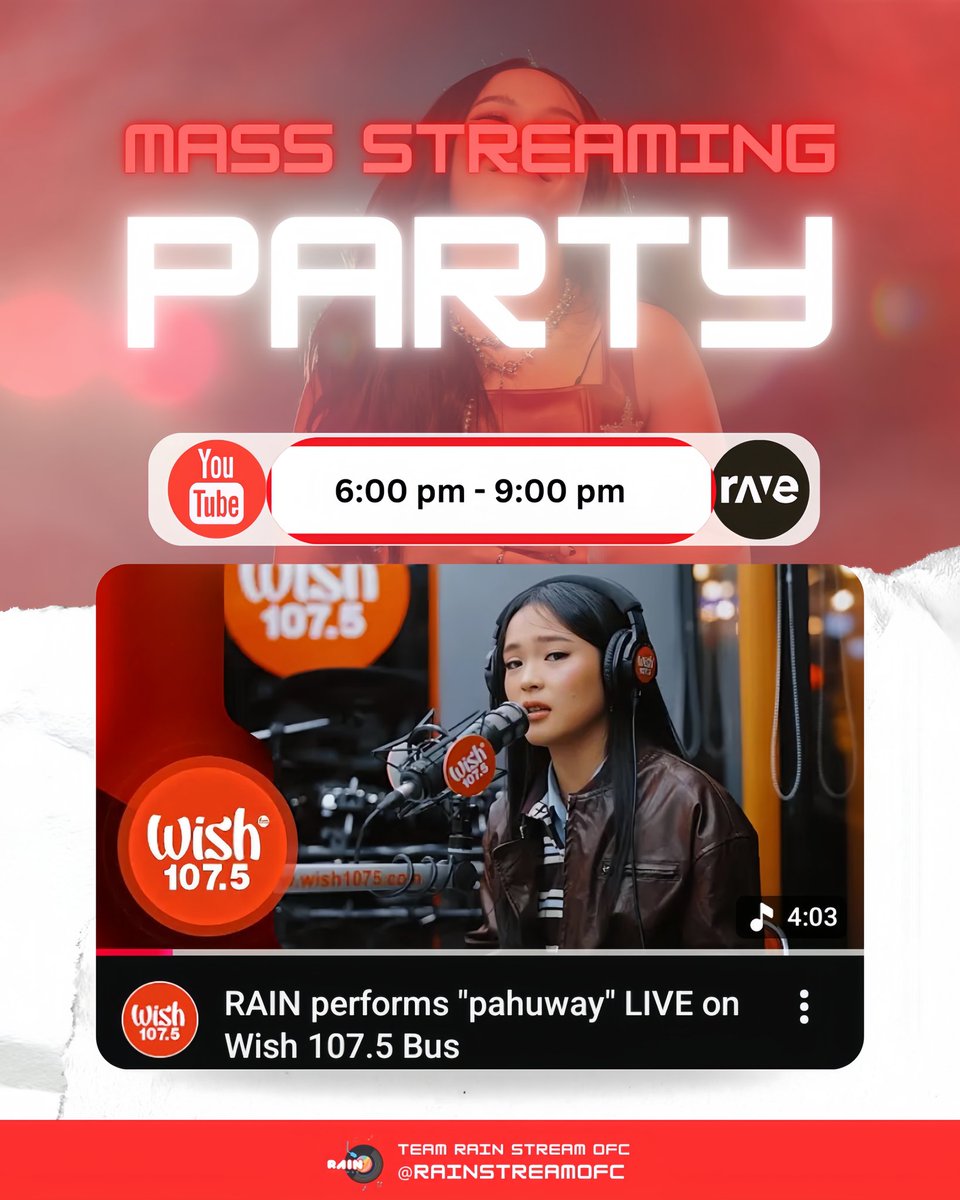 Calling all Raindears and Shippers! 📣

We're throwing a Mass Streaming Party for "Pahuway" on YouTube🌧️🎶 Let’s show our love and boost those streams together!

🗓 Date: Tonight!
🕝 Time: 6 PM - 9 PM

I hope everyone joins the rave party later.

#RainCelmar