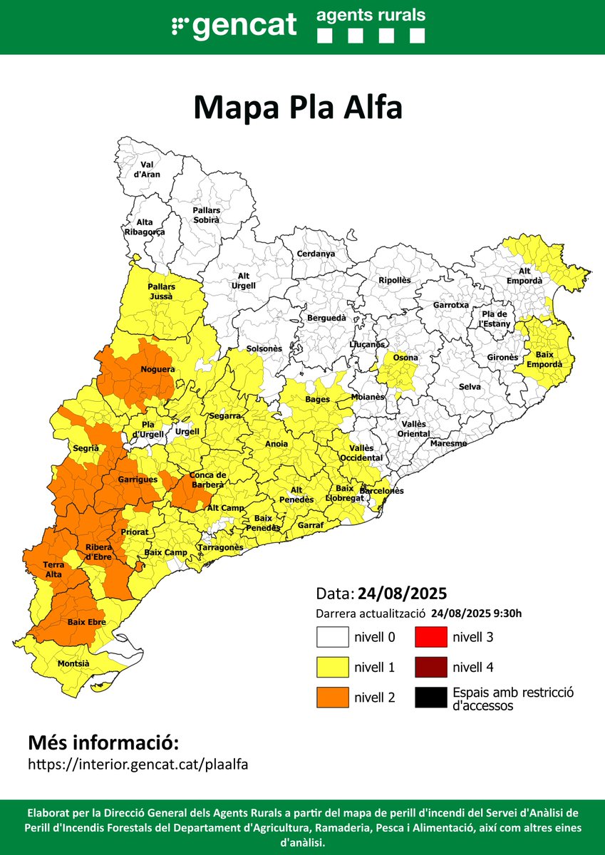 Agents Rurals (@agentsruralscat) on Twitter photo 🔴Aquest és el mapa del #PlaAlfa per avui, dia 24/08/2025
   
📍Consulta el mapa interactiu per conèixer quin nivell hi ha activat al teu municipi en funció del perill d’incendi⤵️ 
  
📲 interior.gencat.cat/plaalfa 🔴Aquest és el mapa del #PlaAlfa per avui, dia 24/08/2025
   
📍Consulta el mapa interactiu per conèixer quin nivell hi ha activat al teu municipi en funció del perill d’incendi⤵️ 
  
📲 interior.gencat.cat/plaalfa