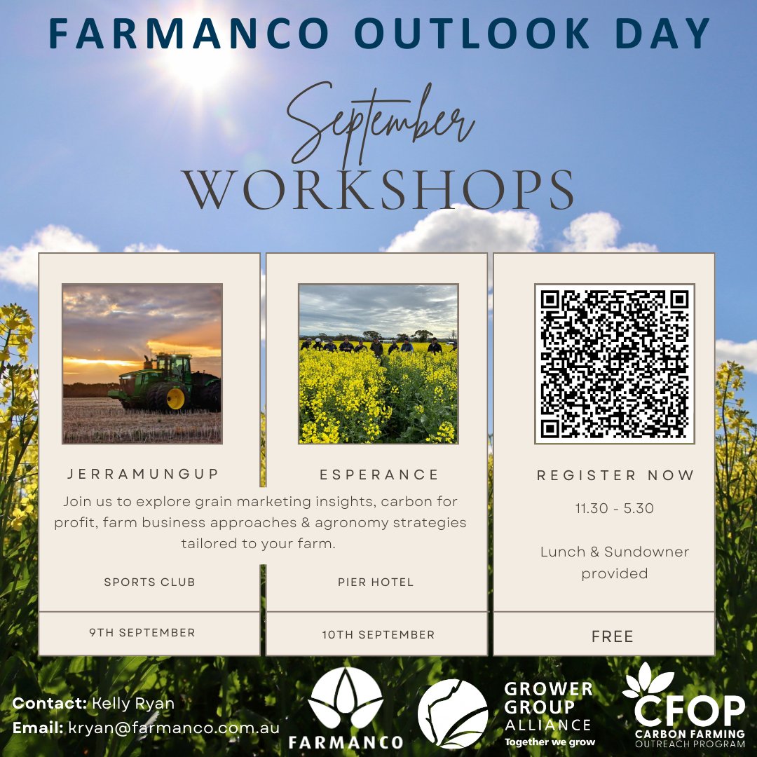 Farmanco's tweet photo. Upcoming - Jerramungup (9th Sept) &amp; Esperance (10th Sept). Grain Marketing insights, Carbon for Profit, Farm Business &amp; Agronomy Strategies - tailored to your farm. 

RSVP https://t.co/rIx5iNdE2C

Delivered with funding support by DCCEEW, under CFOP &amp; the GGA. 

#cfop #ausag https://t.co/hidfNQ9LPU