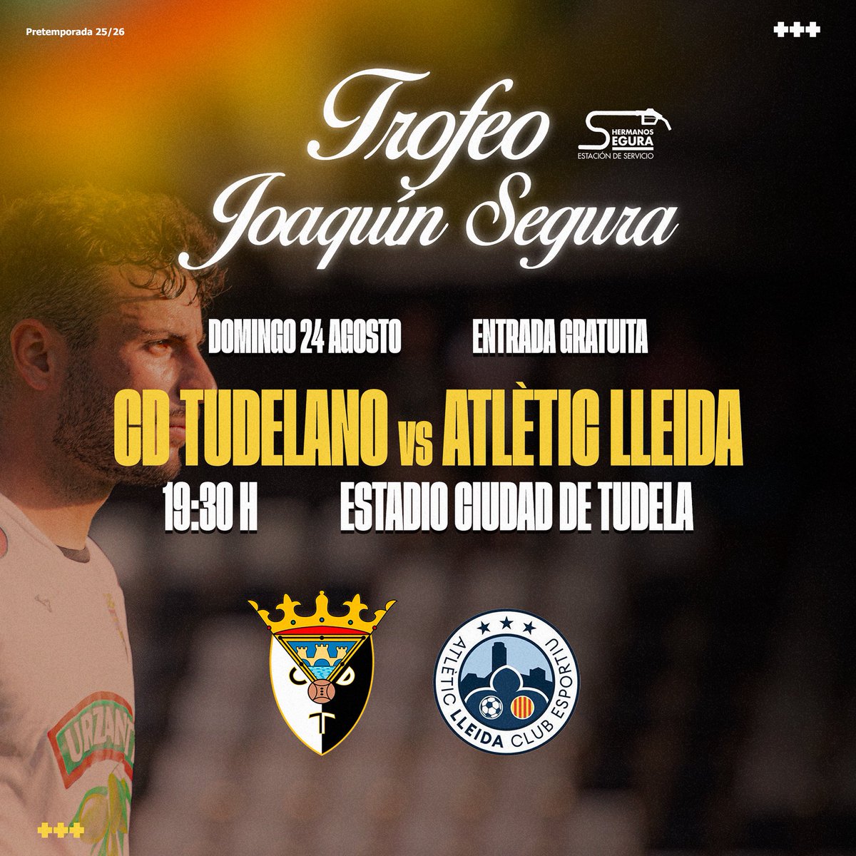 ⚔️ 𝗠𝗔𝗧𝗖𝗛𝗗𝗔𝗬

📅 Domingo 24 de agosto
🆚 Atlètic Lleida
🕗 19:30 h
📍 Estadio Ciudad de Tudela
🎫 Entrada gratuita

💳 Habra personal realizando  y renovando abonos para la próxima temporada
