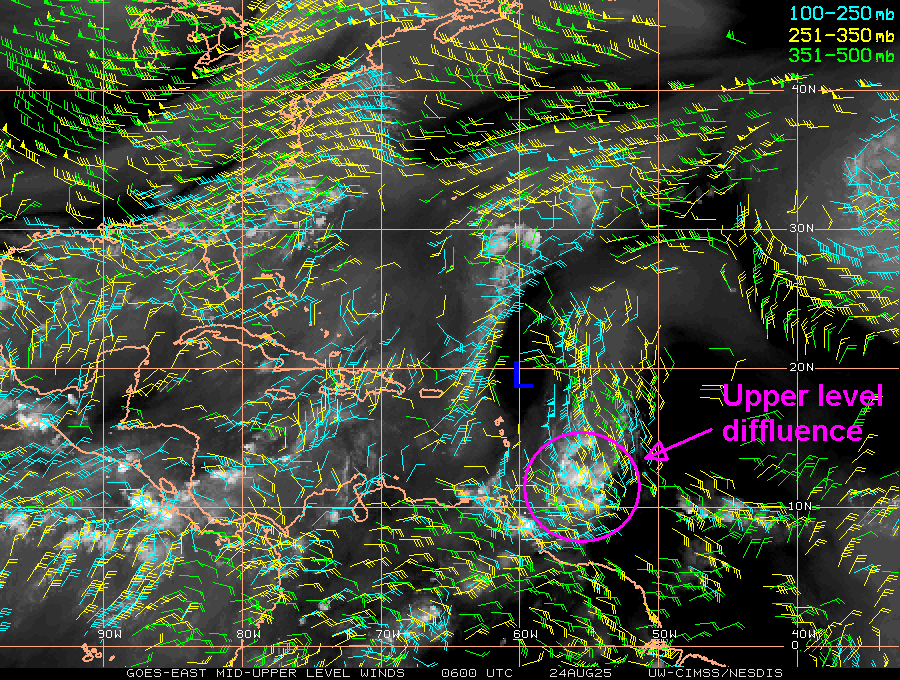 yconsor's tweet photo. Satellite loops this Sun morning show #99L has a small circulation. This is confirmed by two satellite wind estimates (ASCAT and microwave-based MIRS). 99L's location SE of a well-defined upper low is enhancing diffluence helping to fuel deep convection: https://t.co/yFvuSdz4jD https://t.co/chYZeFak9x