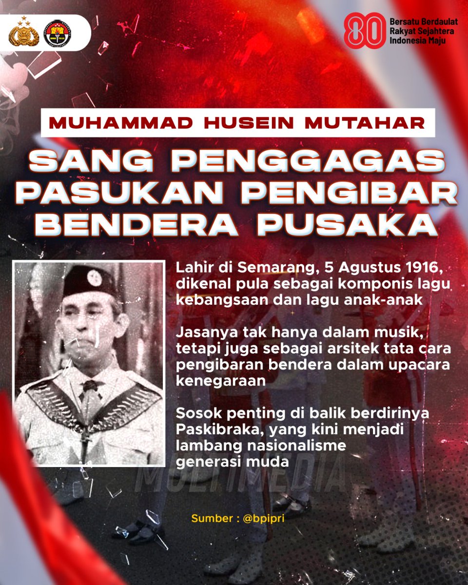 Sobat Polri, yuk berkenalan dengan Muhammad Husein Mutahar. Beliau merupakan penggagas Pasukan Pengibar Bendera Pusaka dan juga menjadi arsitek tata cara pengibaran bendera dalam upacara kenegaraan. #80TahunIndonesia Komitmen Bersatu Wujudkan Kemajuan Bangsa