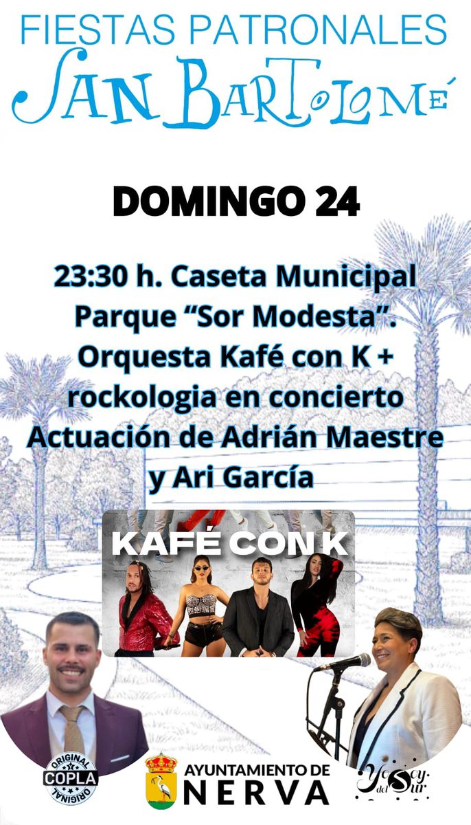 ☝🏻𝐓𝐔 𝐀𝐘𝐔𝐍𝐓𝐀𝐌𝐈𝐄𝐍𝐓𝐎 𝐓𝐄 𝐀𝐍𝐔𝐍𝐂𝐈𝐀:🎉 Vamos a por el último día de fiestas, deseando a tod@s que pasen un feliz día de San Bartolomé con las actividades presvista para este 24 de agosto.¡VIVA NERVA! ¡VIVA SAN BARTOLOMÉ!A disfrutar! 🎊¡Construyamos PUEBLO juntos!