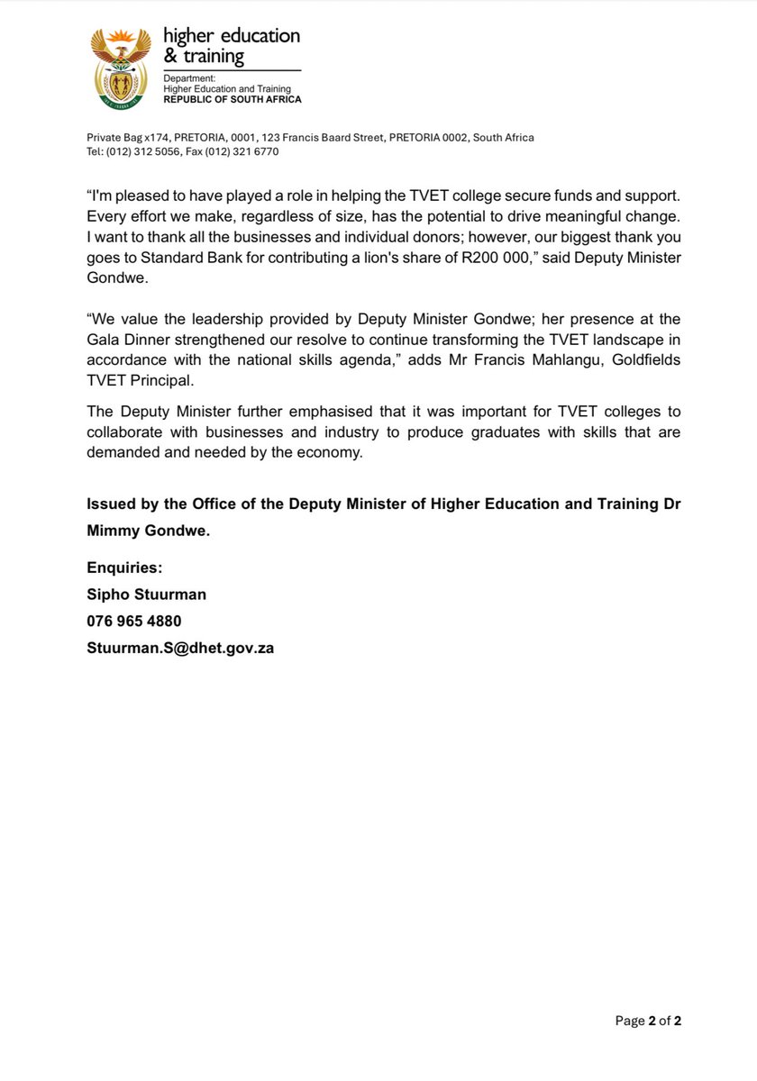 HigherEduTrainingZA (@higheredugovza) on Twitter photo Deputy Minister <a href="/DrMimmyGondwe/">Deputy Minister of Higher Education and Training</a> helps Goldfields TVET College to raise close to
R300 000 for skills development.
#DHET Deputy Minister <a href="/DrMimmyGondwe/">Deputy Minister of Higher Education and Training</a> helps Goldfields TVET College to raise close to
R300 000 for skills development.
#DHET