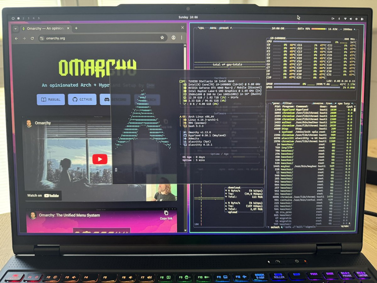 bastidotnet's tweet image. Just upgraded my second machine to #omarchy today, the @TUXEDOComputers Stellaris 16.
It used to roar under #Ubuntu and sometimes under #TuxedoOS.
With Omarchy? Silence. Absolute silence. This feels like a whole new machine.

Thanks to @DHH for making Linux feel elegant again.