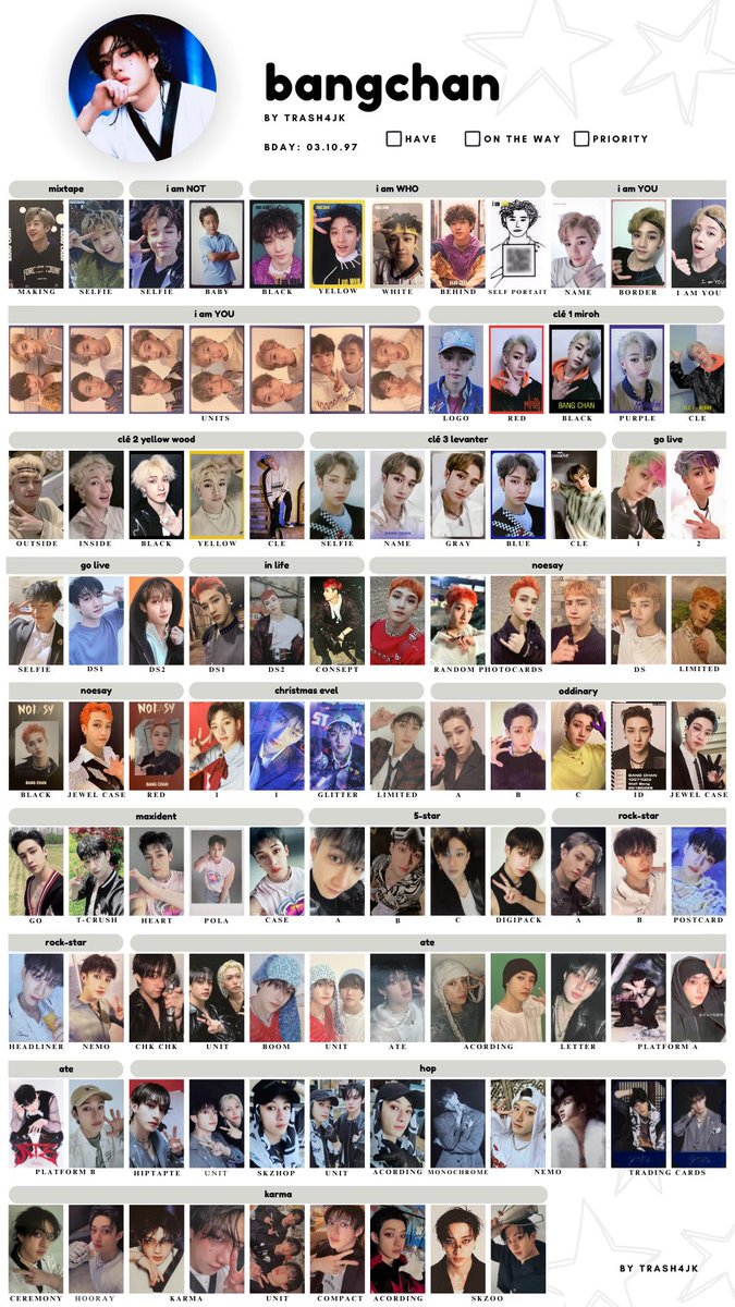 trash4jk's tweet photo. 🐰STRAY KIDS PC PHOTOCARD WISHLIST TEMPLATE 🐰

! by member + photocard all album inclusions 

[updated August 24th 2025]

members - bangchan, leeknow, changbin &amp; hyunjin  

#straykids #straykidstemplate #straykidsphotocards #skz #skztemplate #skzphotocards https://t.co/mxwluLlmMn