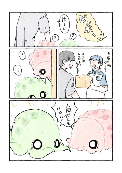 何も知らないフワフワのイカ(苺柄)とフワフワのタコ(リンゴ柄)が今日知った事 