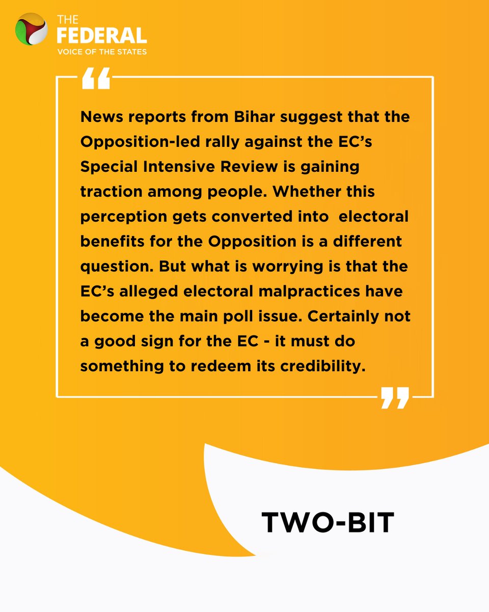 TheFederal_News's tweet photo. The Federal's #TwoBit | News reports from Bihar suggest that the Opposition-led rally against the EC’s Special Intensive Review is gaining traction among people.
Follow @TheFederal_News for the latest news.
#EC #Bihar #VoterAdhikarYatra #Opposition #NDA #Congress #SIR https://t.co/RubMCJAZua