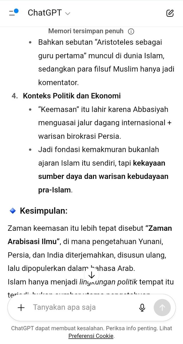 <a href="/mulceamus/">Eugen</a> Skrng sih lebih mudah tinggal tanya AI.

Zaman keemasan itu lebih tepat disebut “Zaman Arabisasi Ilmu”, di mana pengetahuan Yunani, Persia, dan India diterjemahkan, disusun ulang, lalu dipopulerkan dalam bahasa Arab.

Biasalah, klaim melulu