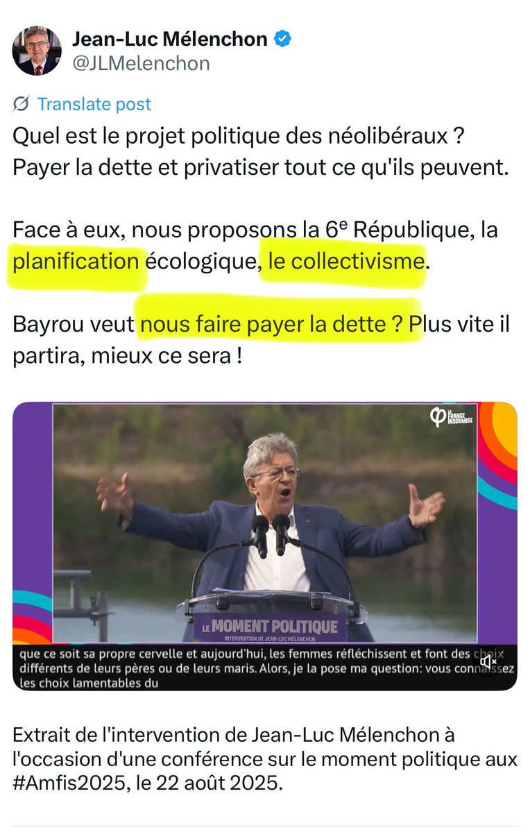 Stéphane Vojetta (@stephanevojetta) on Twitter photo ✅ “Le collectivisme”
✅ “La planification”
✅ “Le non-remboursement de la dette”
✅ L’appel au blocage et à la division de la France le 10 septembre… et après
Au moins avec <a href="/JLMelenchon/">Jean-Luc Mélenchon</a> les choses sont claires. Il nous annonce une transformation radicale de la société ✅ “Le collectivisme”
✅ “La planification”
✅ “Le non-remboursement de la dette”
✅ L’appel au blocage et à la division de la France le 10 septembre… et après
Au moins avec <a href="/JLMelenchon/">Jean-Luc Mélenchon</a> les choses sont claires. Il nous annonce une transformation radicale de la société