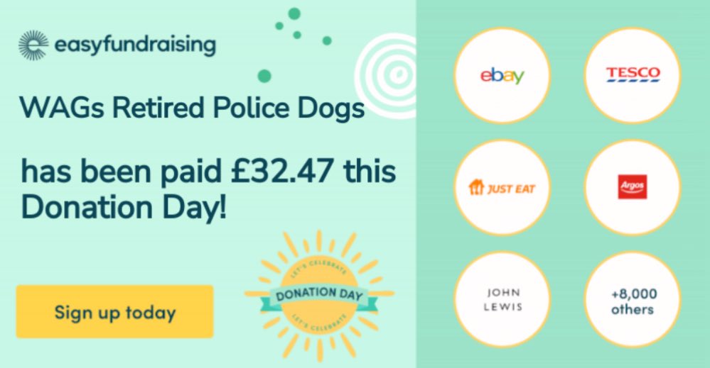 WAGs Retired Police Dogs has been paid £32.47 thanks to our community shopping online! 

A huge thank you to everyone who supports us. 

Want to get involved? 
Sign up to easyfundraising so your online shopping at your favourite retailers turns into much-needed funding for us.