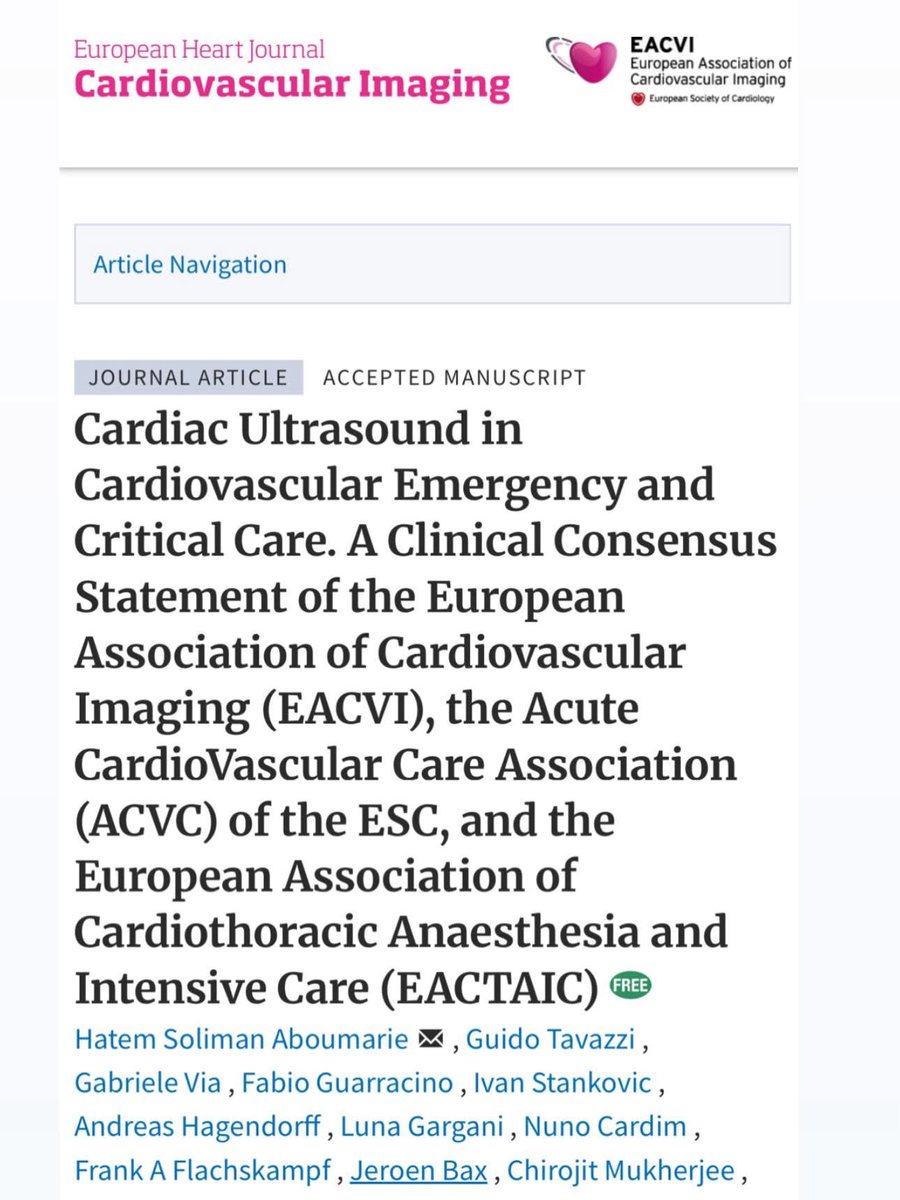 Happy Sunday Morning! 
Check out the latest #EACVI #ACVC #EACTAIC Consensus Document 📄 
Cardiac Ultrasound in Cardiovascular Emergency and Critical Care —a must-read for clinicians. Get key insights on rapid bedside diagnostics, training and future role. A great Sunday read!