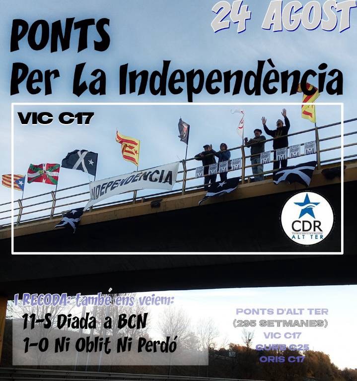 🔴295✊ Seguim una setmana més. #PONTSperLaINDEPENDÈNCIA

PERSISTIM i PERSEVEREM en la lluita per la LLIBERTAT de CATALUNYA.
Fem visible que no normalitzem l'ocupació i que seguim lluitant per la #independència!
#NoEnsFareuMaiEspanyols

Ponts
📍#ORÍS: C17
📍#GURB: C25
📍#VIC: C17