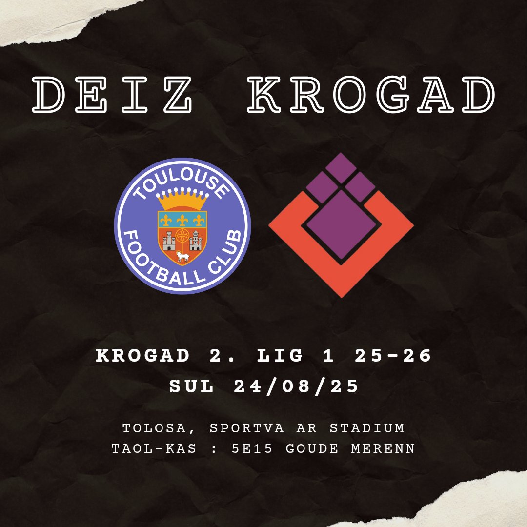 DEIZ KROGAD 🔥

🆚 Tolosa
🏟 Sportva ar Stadium
🏆 Lig 1 25-26, Krogad 2
🕒 Taol-kas da 5e15 goude merenn 👊
📱 #TFCSB29 #bzhg