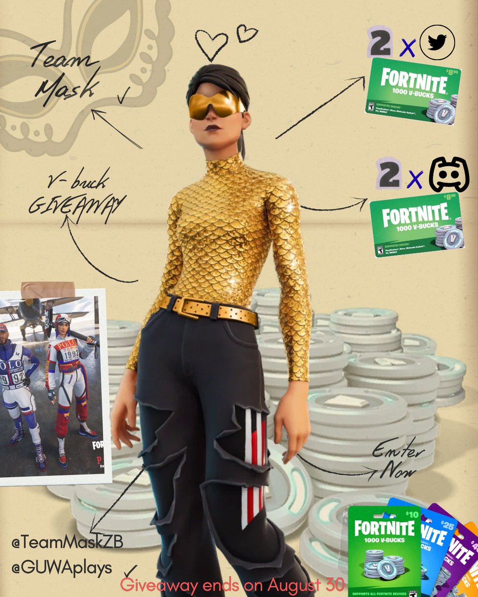 💸4000 V-Bucks GIVEAWAY📢
4k V-Bucks Giveaway for the community, as a lot of skins will be returning after years!

-2x Winners from here 
-2x from Discord

To Enter:
1. Follow <a href="/TeamMaskZB/">Team Mask</a> &amp; <a href="/GUWAplays/">GUWA</a> ✔️
2. Like♥️&amp; RT♻️ 
3. Comment "Done" Below
Ends on August 30
#FortniteGiveaway