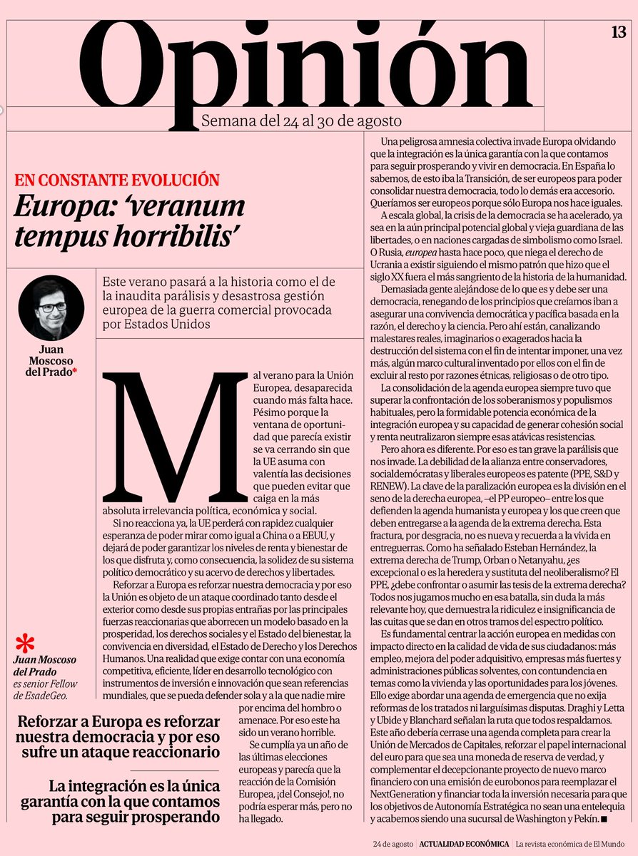 Este verano pasará a la historia como el de la inaudita #parálisis y desastrosa gestión europea de la #guerracomercial provocada por los #EEUU. Hay preocupantes razones pero también soluciones #EuropaVeranumHorribilis
Mi tribuna en <a href="/elmundoes/">EL MUNDO</a> #ActualidadEconómica <a href="/ComisionEuropea/">Comisión Europea en España</a>