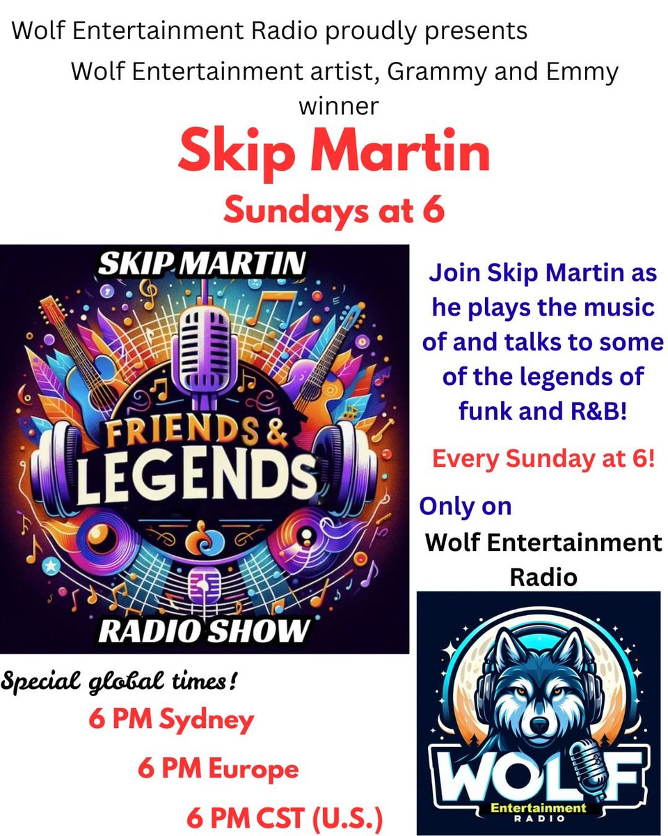 From next Sunday, the 31st of August, Join SKIP MARTIN on his amazing new radio show called Friends &amp; Legends, spotlighting the music from his iconic legendary friends presented by Wolf Entertainment Radio every Sunday at 6 PM Sydney, 6 PM Europe, 6 PM PST.