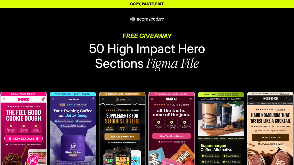 1ajaay's tweet image. Data shows an optimised hero section can lift conversion rate by +120% 📈

We've put 50 high-CVR before/after hero sections into a file and I'm giving it away for FREE ✅

1. Retweet this post
2. Reply 'ECOM'
3. I'll dm it to you

(Must be following) 🏅