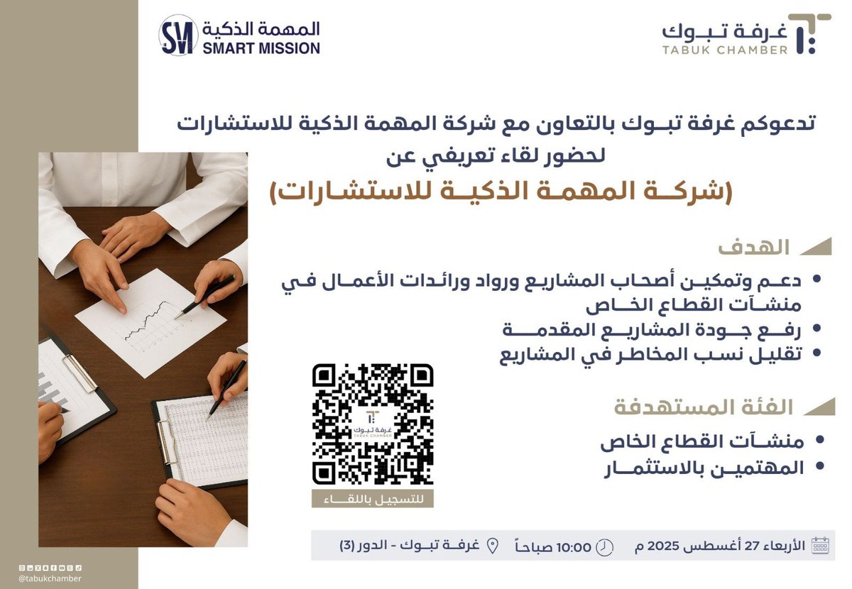 غرفة تبوك (@tabukchamber) on Twitter photo #دعوة
#قطاع_الأعمال
تدعوكم #غرفة_تبوك بالتعاون مع <a href="/Smart__Mission/">Smart Mission | المهمة الذكية</a> لحضور لقاء تعريفي عن (شركة المهمة الذكية للاستشارات)
🗓 الأربعاء 27 أغسطس 2025م
⏰ الساعة 10 صباحاً
📍 مقر غرفة تبوك
للتسجيل 🔗
tabukchamber.porsline.com/s/rgOKk8JK
<a href="/Smart__Mission/">Smart Mission | المهمة الذكية</a>
#غرفة_تبوك #دعوة
#قطاع_الأعمال
تدعوكم #غرفة_تبوك بالتعاون مع <a href="/Smart__Mission/">Smart Mission | المهمة الذكية</a> لحضور لقاء تعريفي عن (شركة المهمة الذكية للاستشارات)
🗓 الأربعاء 27 أغسطس 2025م
⏰ الساعة 10 صباحاً
📍 مقر غرفة تبوك
للتسجيل 🔗
tabukchamber.porsline.com/s/rgOKk8JK
<a href="/Smart__Mission/">Smart Mission | المهمة الذكية</a>
#غرفة_تبوك