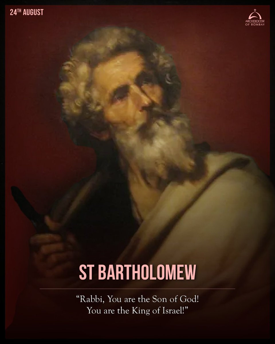 archbombay's tweet image. Bartholomew, also known as Nathanael, was one of the twelve apostles. His initial scepticism gave way to faith when he encountered and experienced Jesus' love. Through his intercession, may we too encounter Christ and grow stronger in our faith.

#CatholicFeast  #Nathanael