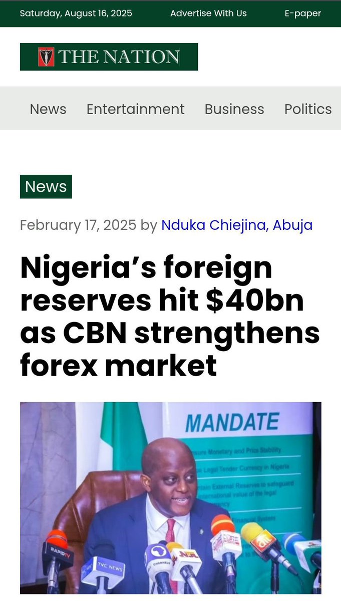 2024 - Forex reserves hits $40b.

2025 - Forex reserves hits $40b.

Every year, forex reserves is hitting $40b.

Gbajue government 🤣🤣🤣